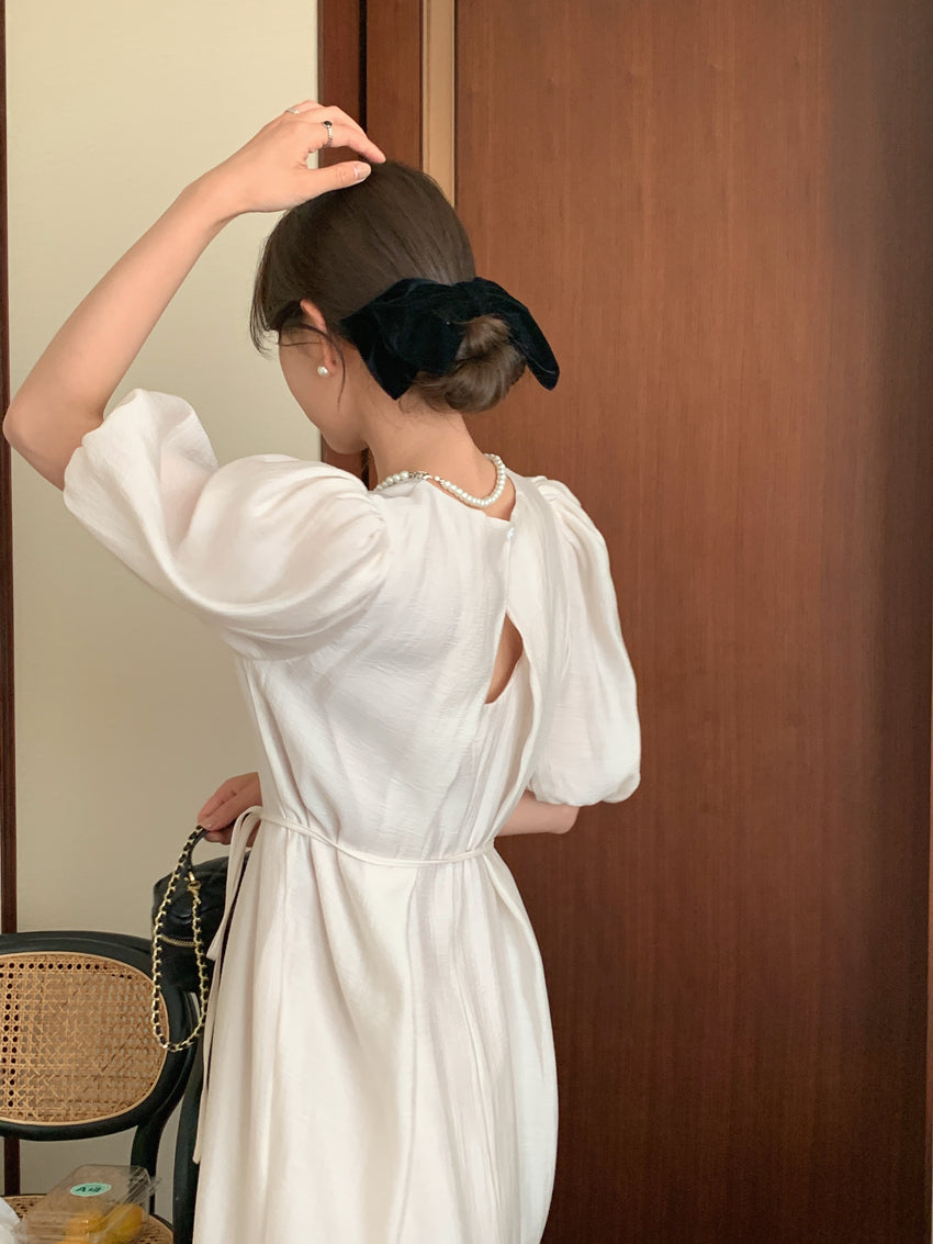 CGB1189-57B 復古泡泡袖鏤空設計系帶連衣裙(4色)