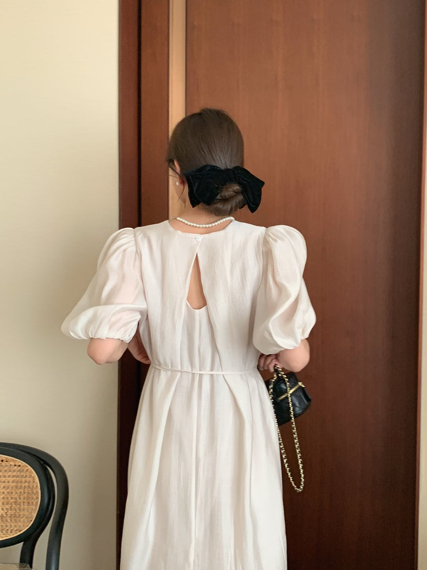 CGB1189-57B 復古泡泡袖鏤空設計系帶連衣裙(4色)