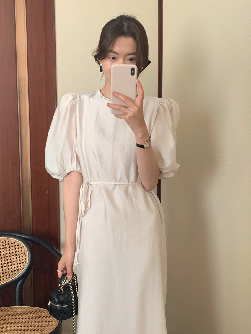 CGB1189-57B 復古泡泡袖鏤空設計系帶連衣裙(4色)