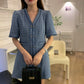 CGB9198-24B 重工小香風V領金屬單排扣牛仔花紋流蘇短款連衣裙