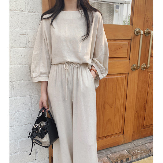 CGA0379-38B 燈籠袖寬鬆上衣+鬆緊腰闊腿長褲氣質亞麻棉套裝(2色)