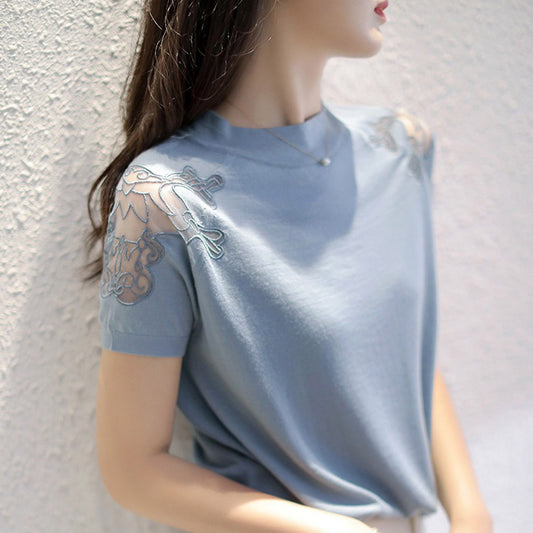 CGEA1751-67B 網紗刺繡冰絲短袖針織上衣(3色)