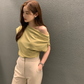 CGE8835-77B 夏季法式設計款斜肩露鎖骨T恤女氣質顯瘦上衣(3色)