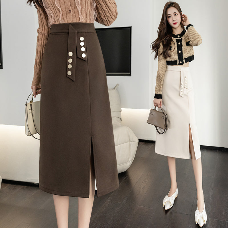 CGS2291-51B 毛呢半身裙秋冬季假腰飾開衩顯瘦排扣一步包臀裙(3色)