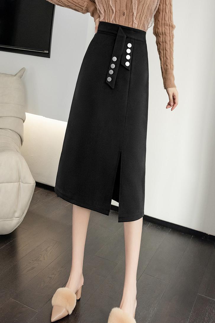 CGS2291-51B 毛呢半身裙秋冬季假腰飾開衩顯瘦排扣一步包臀裙(3色)