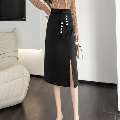 CGS2291-51B 毛呢半身裙秋冬季假腰飾開衩顯瘦排扣一步包臀裙(3色)