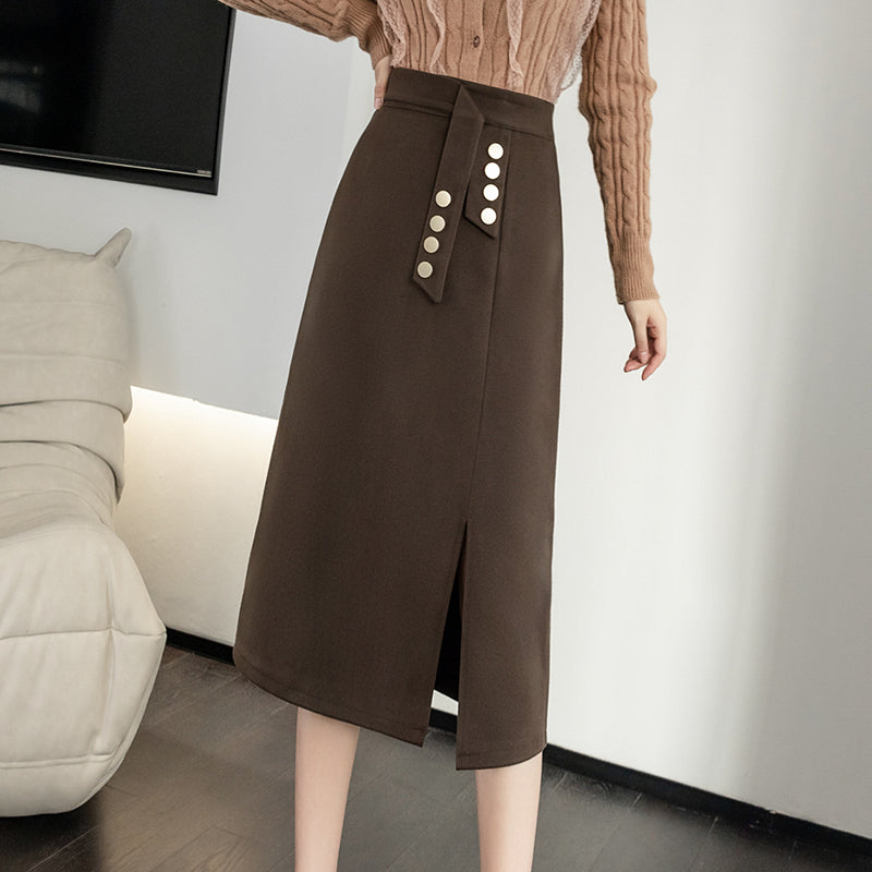 CGS2291-51B 毛呢半身裙秋冬季假腰飾開衩顯瘦排扣一步包臀裙(3色)