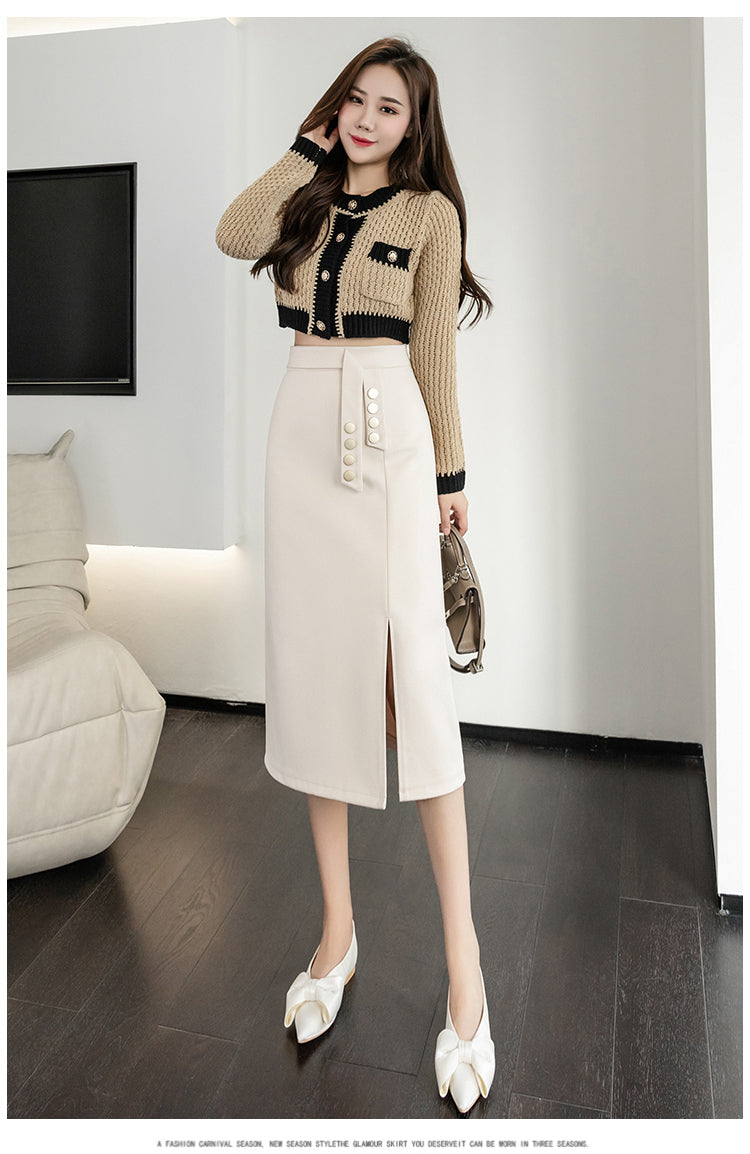 CGS2291-51B 毛呢半身裙秋冬季假腰飾開衩顯瘦排扣一步包臀裙(3色)