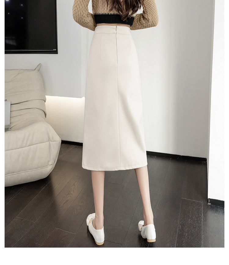 CGS2291-51B 毛呢半身裙秋冬季假腰飾開衩顯瘦排扣一步包臀裙(3色)