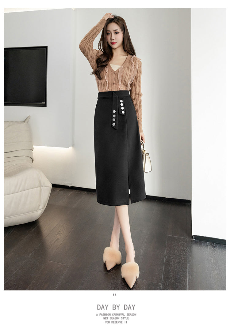 CGS2291-51B 毛呢半身裙秋冬季假腰飾開衩顯瘦排扣一步包臀裙(3色)