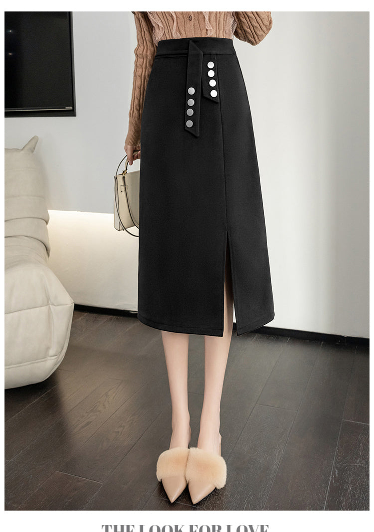 CGS2291-51B 毛呢半身裙秋冬季假腰飾開衩顯瘦排扣一步包臀裙(3色)