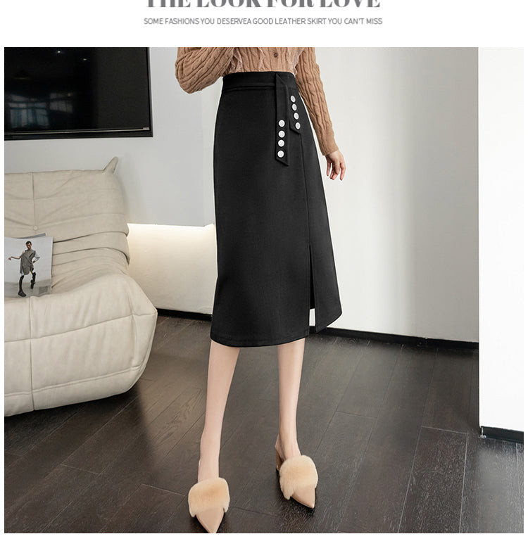 CGS2291-51B 毛呢半身裙秋冬季假腰飾開衩顯瘦排扣一步包臀裙(3色)