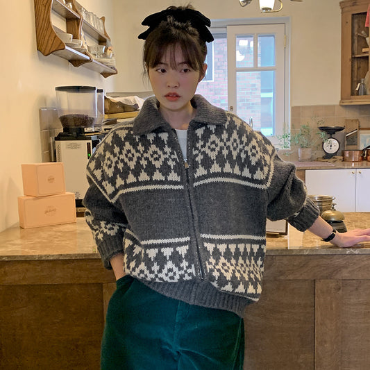 CGC5038-32B 休閒復古風撞色提花拉鍊毛衣外套(2色)