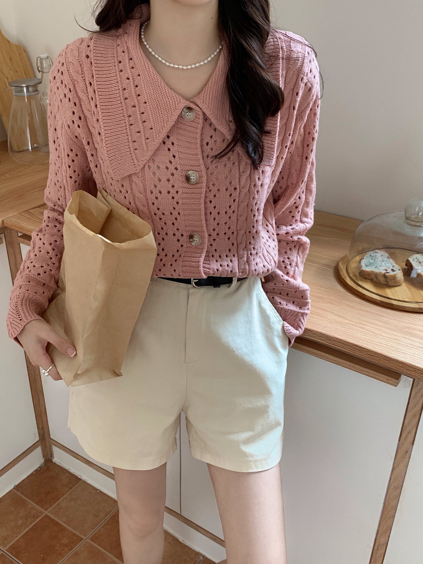 CGD834-120B 麻花小翻領針織開衫上衣(2色)