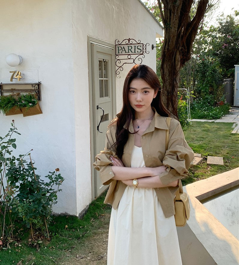 CGB842-120B 百搭後擺開叉襯衫外套+奶杏色吊帶連衣裙套裝