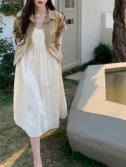 CGB842-120B 百搭後擺開叉襯衫外套+奶杏色吊帶連衣裙套裝