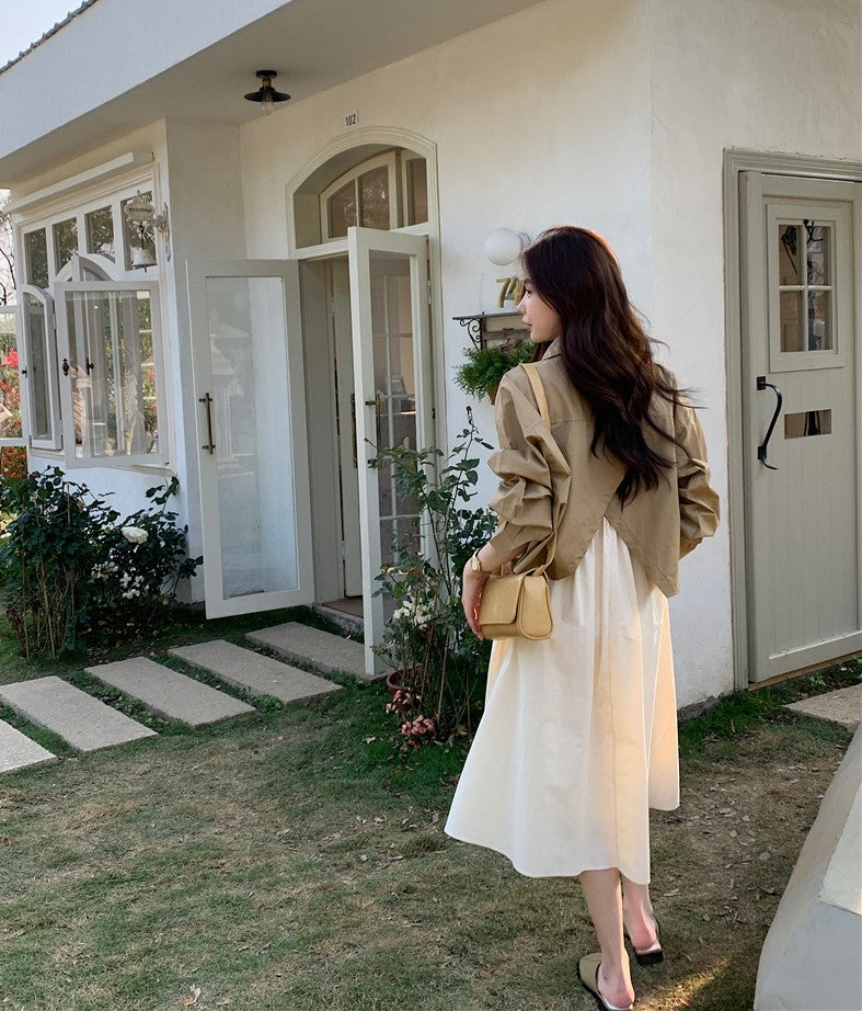 CGB842-120B 百搭後擺開叉襯衫外套+奶杏色吊帶連衣裙套裝