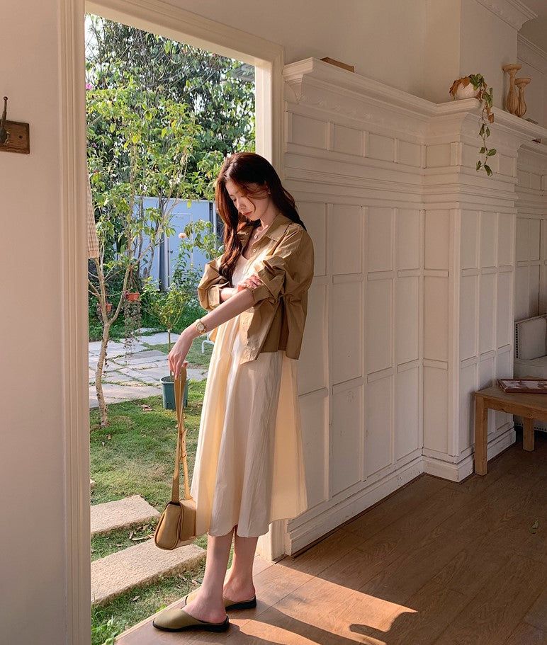 CGB842-120B 百搭後擺開叉襯衫外套+奶杏色吊帶連衣裙套裝