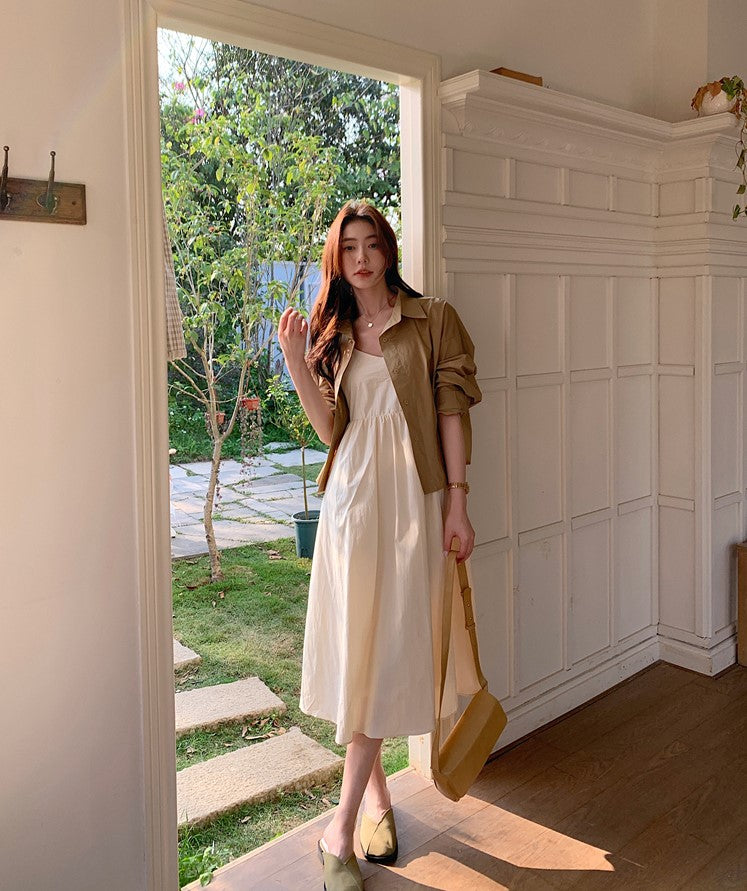 CGB842-120B 百搭後擺開叉襯衫外套+奶杏色吊帶連衣裙套裝