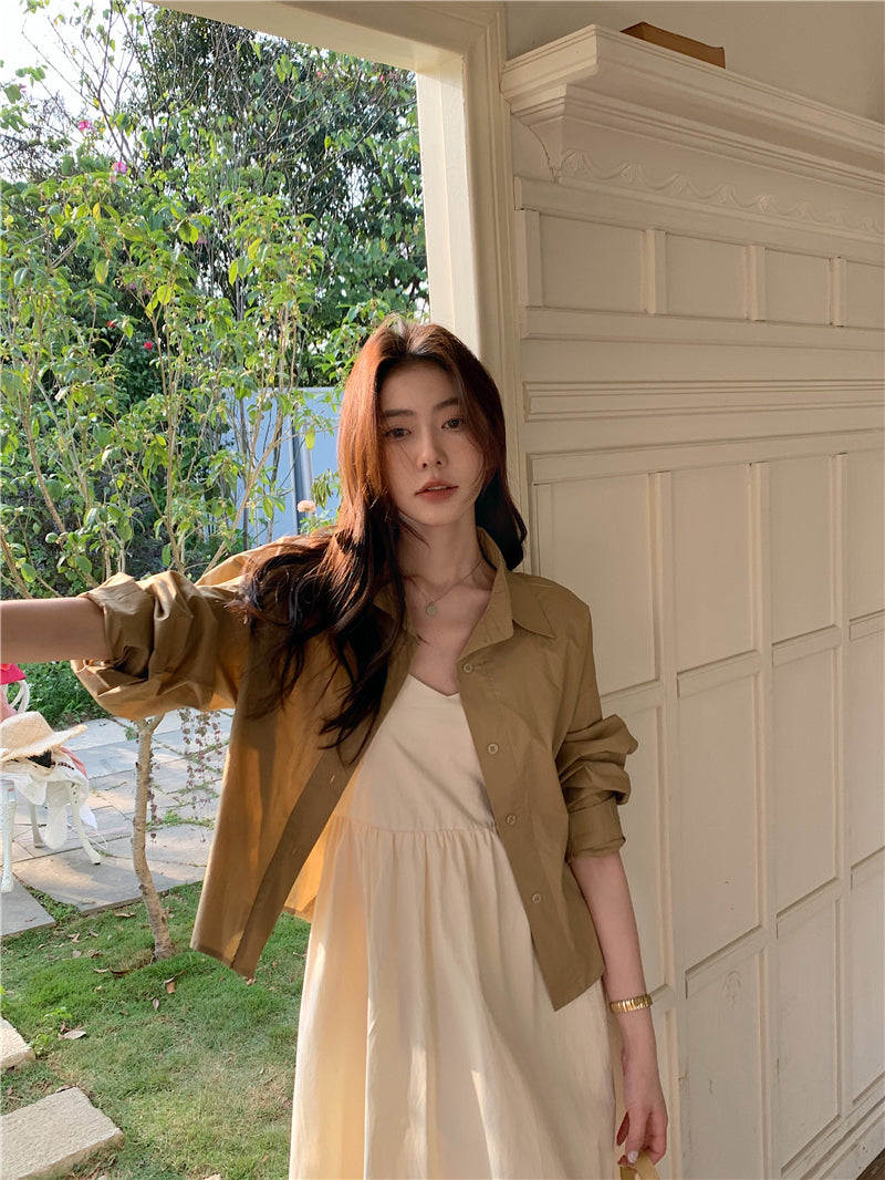 CGB842-120B 百搭後擺開叉襯衫外套+奶杏色吊帶連衣裙套裝