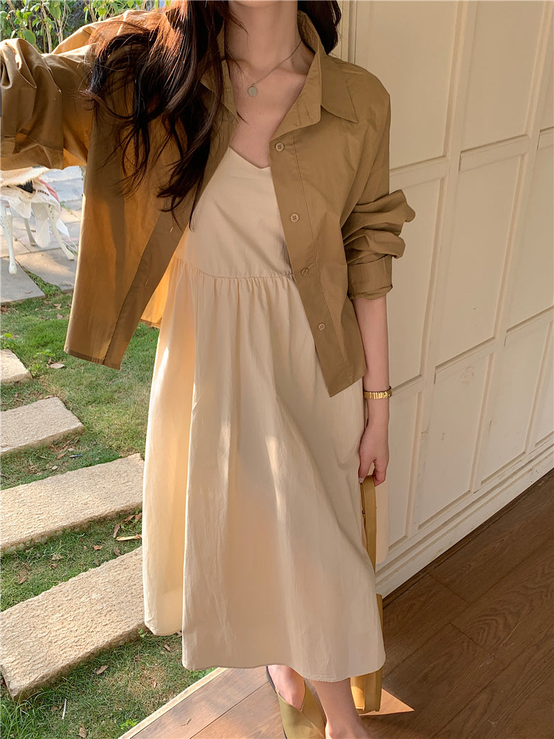 CGB842-120B 百搭後擺開叉襯衫外套+奶杏色吊帶連衣裙套裝