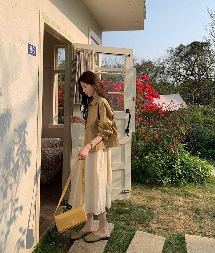 CGB842-120B 百搭後擺開叉襯衫外套+奶杏色吊帶連衣裙套裝