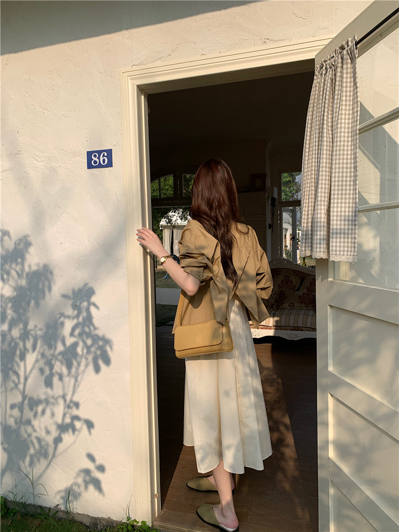 CGB842-120B 百搭後擺開叉襯衫外套+奶杏色吊帶連衣裙套裝