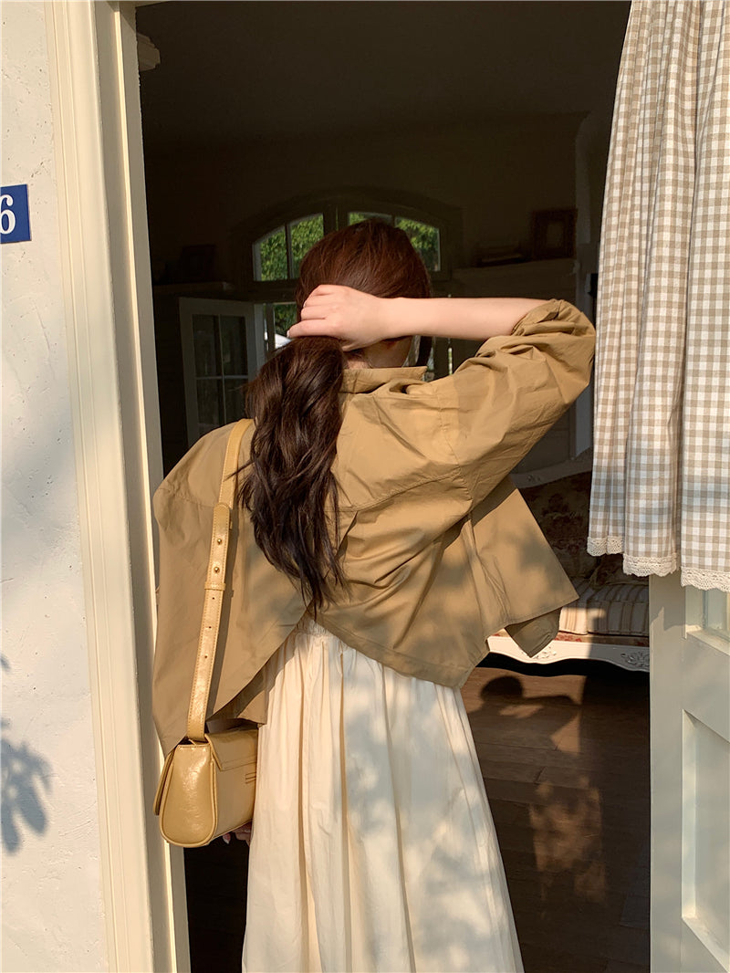 CGB842-120B 百搭後擺開叉襯衫外套+奶杏色吊帶連衣裙套裝