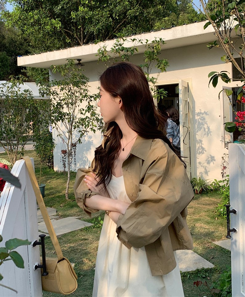 CGB842-120B 百搭後擺開叉襯衫外套+奶杏色吊帶連衣裙套裝