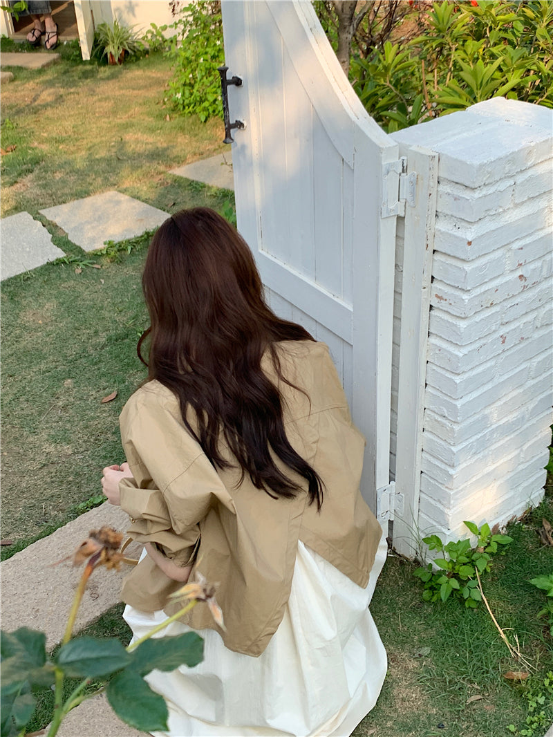 CGB842-120B 百搭後擺開叉襯衫外套+奶杏色吊帶連衣裙套裝