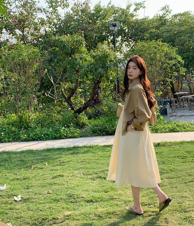 CGB842-120B 百搭後擺開叉襯衫外套+奶杏色吊帶連衣裙套裝