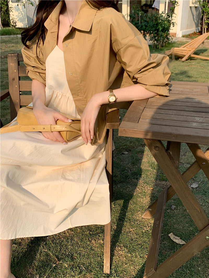 CGB842-120B 百搭後擺開叉襯衫外套+奶杏色吊帶連衣裙套裝