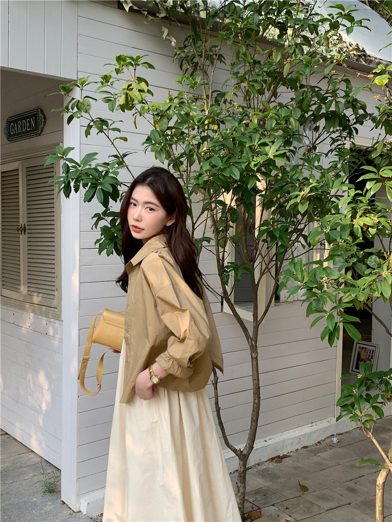 CGB842-120B 百搭後擺開叉襯衫外套+奶杏色吊帶連衣裙套裝