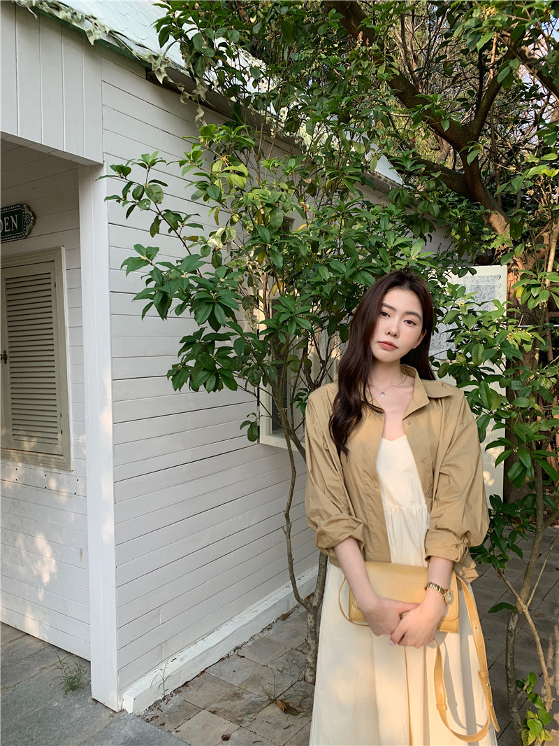 CGB842-120B 百搭後擺開叉襯衫外套+奶杏色吊帶連衣裙套裝