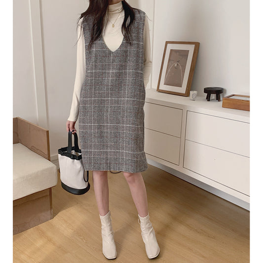 CGB0522-38B 秋冬毛呢背心裙V領寬鬆顯瘦直筒無袖開叉短款格紋連衣裙