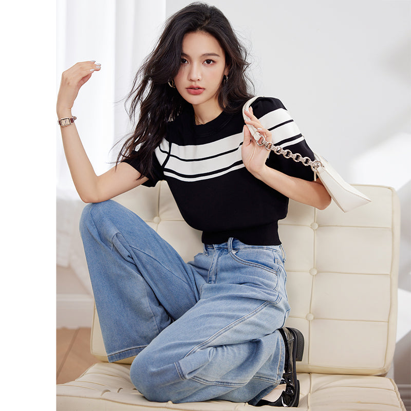 CGE8375-17B 條紋針織收腰泡泡袖T恤