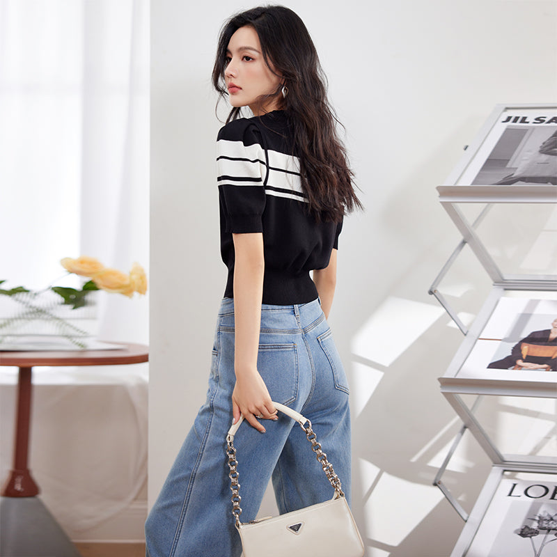 CGE8375-17B 條紋針織收腰泡泡袖T恤