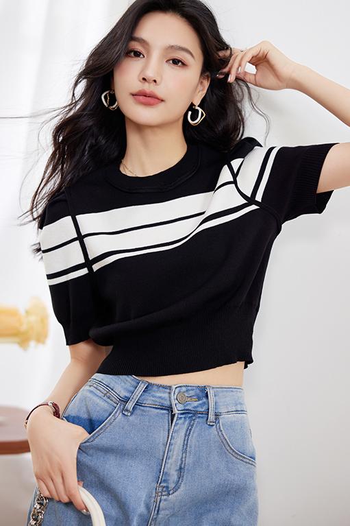 CGE8375-17B 條紋針織收腰泡泡袖T恤