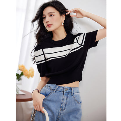 CGE8375-17B 條紋針織收腰泡泡袖T恤