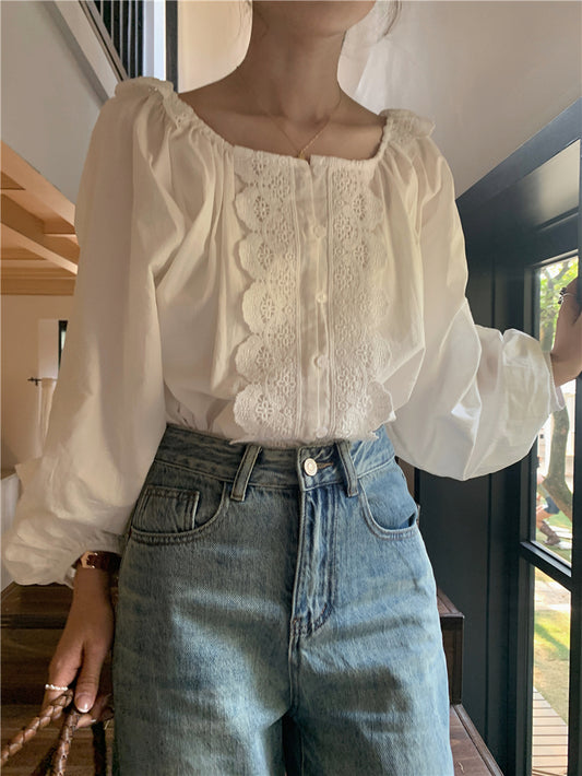 CGD869-120B 蕾春夏絲邊上衣白色襯衫