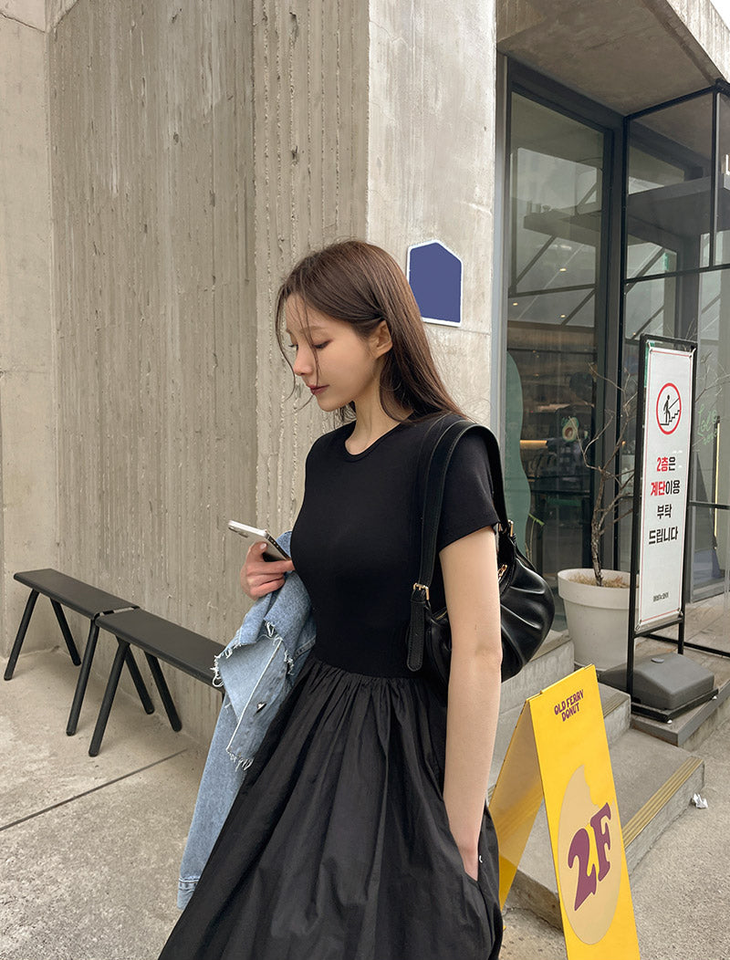 CGB8103-36H 韓版春夏新款彈性拼接短袖洋裝修身顯瘦長裙