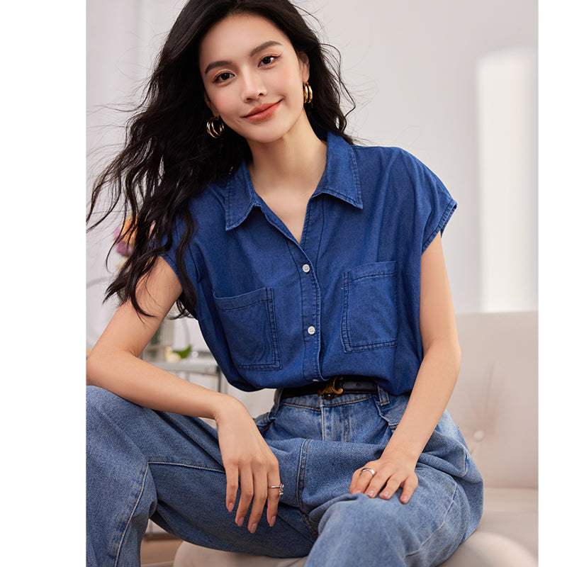 CGF8510-17B 復古牛仔背心輕薄棉上衣夏百搭無袖襯衫(2色)