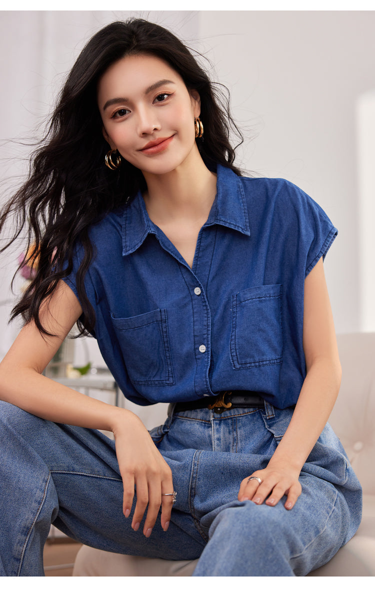 CGF8510-17B 復古牛仔背心輕薄棉上衣夏百搭無袖襯衫(2色)