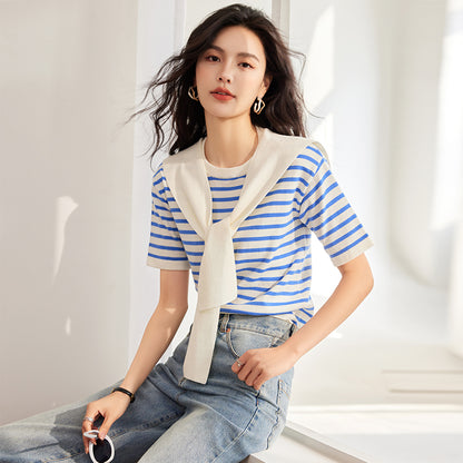 CGE8503-17B 條紋針織夏季海軍風披肩假兩件上衣