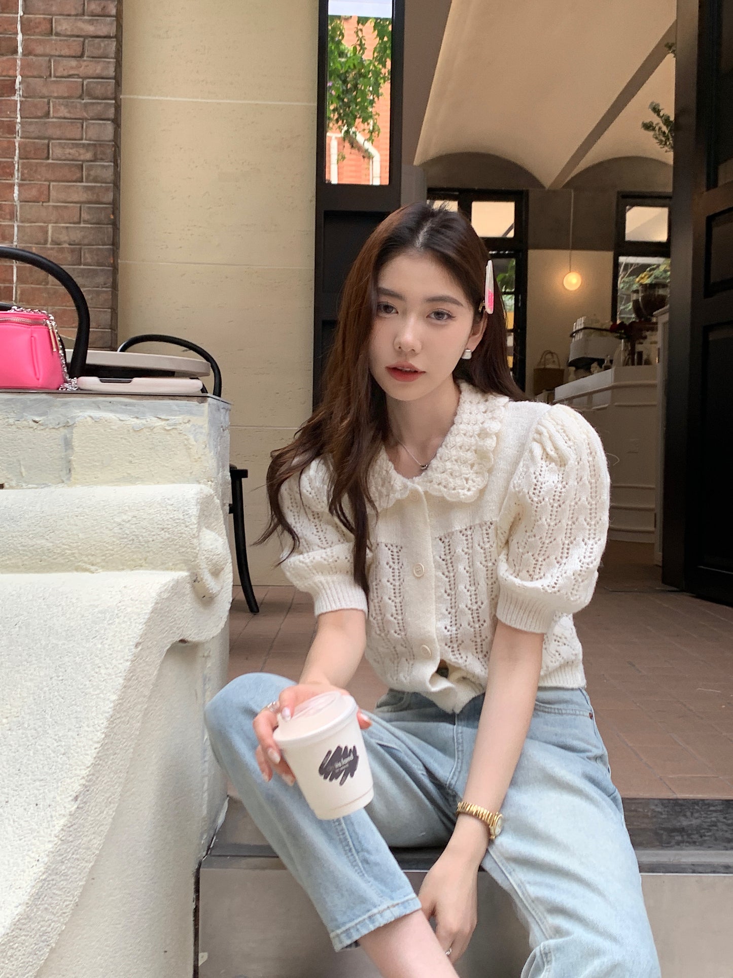 CGE889-120B 氣質百搭白色鏤空泡泡袖針織毛衣