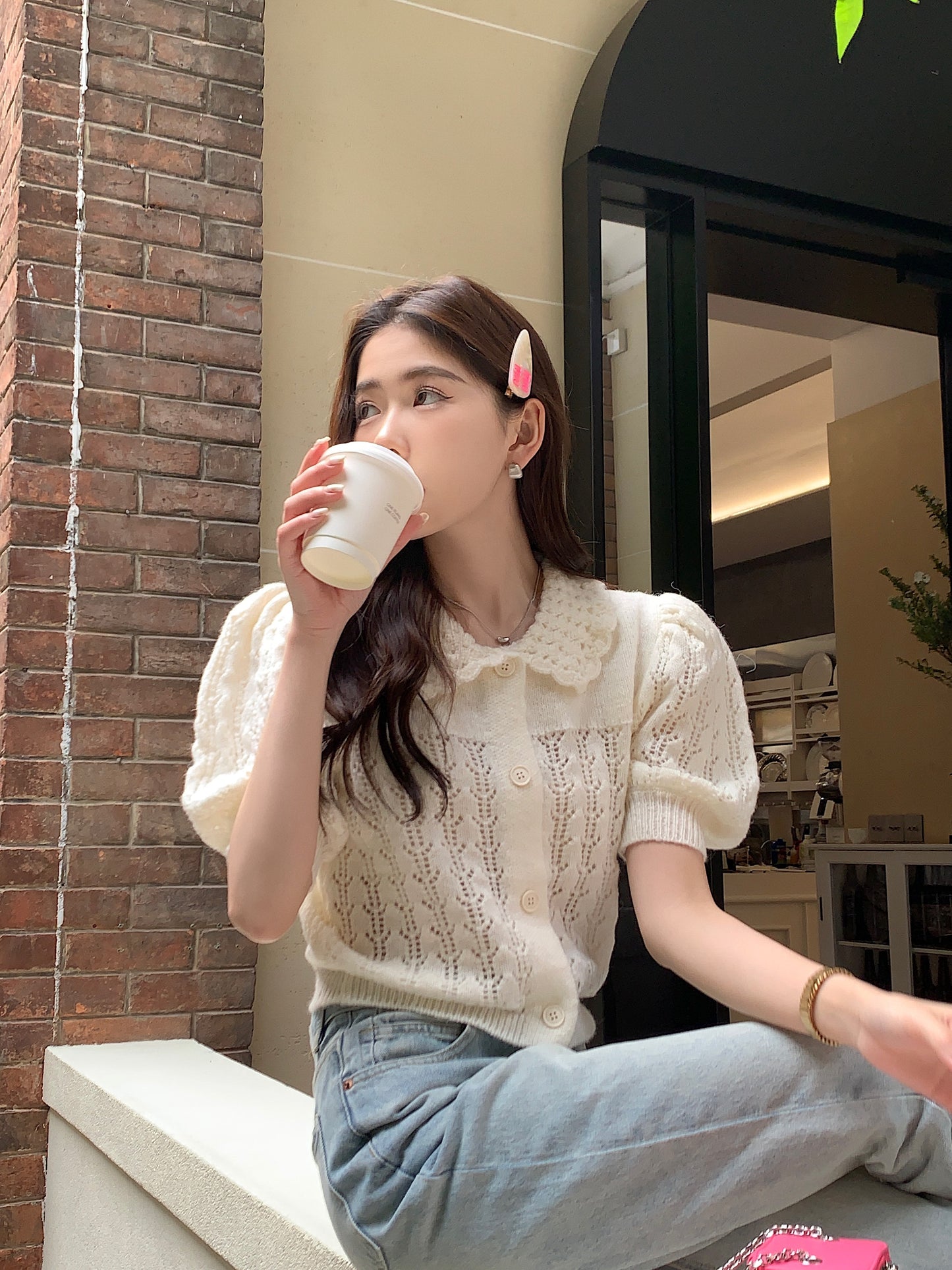 CGE889-120B 氣質百搭白色鏤空泡泡袖針織毛衣