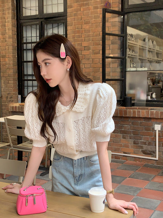 CGE889-120B 氣質百搭白色鏤空泡泡袖針織毛衣