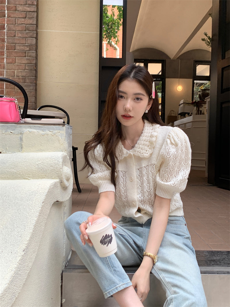 CGE889-120B 氣質百搭白色鏤空泡泡袖針織毛衣