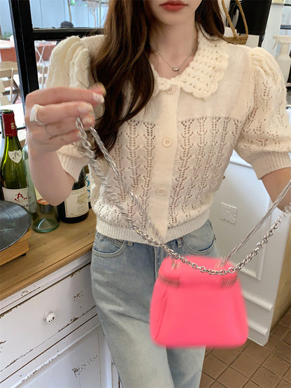 CGE889-120B 氣質百搭白色鏤空泡泡袖針織毛衣