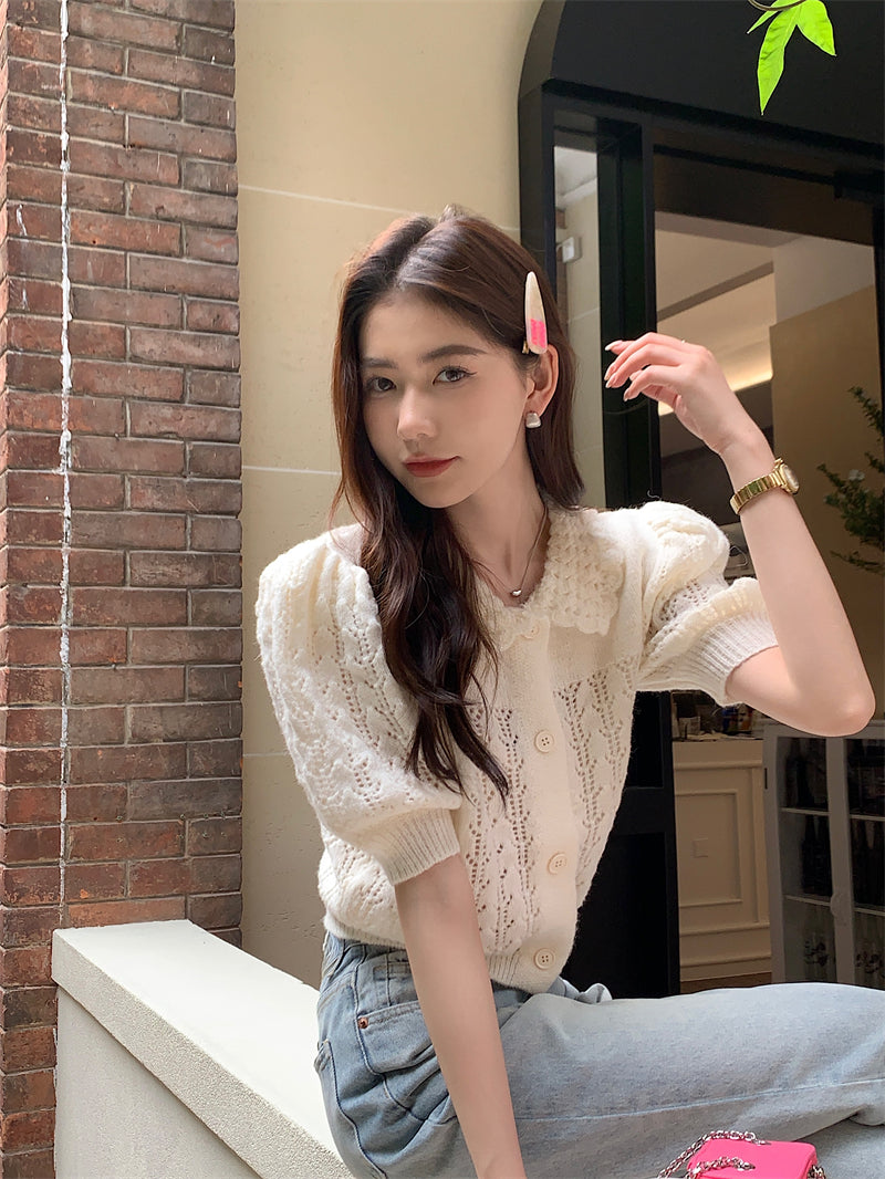 CGE889-120B 氣質百搭白色鏤空泡泡袖針織毛衣